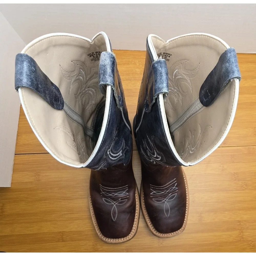 Old West Youth Unisex Broad Square Brown Blue Leather Cowboy Boots 1914 5D
